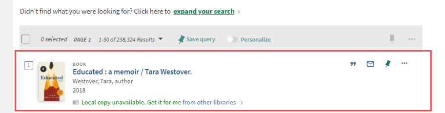 Educated by Tara Westover listed in a library catalog. The status is "Local copy unavailable. Get it for me from other libraries."