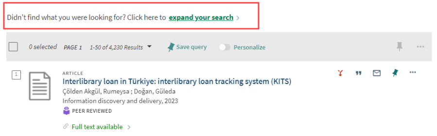 The library catalog with the "expand your search" link highlighted by a red rectangle. 