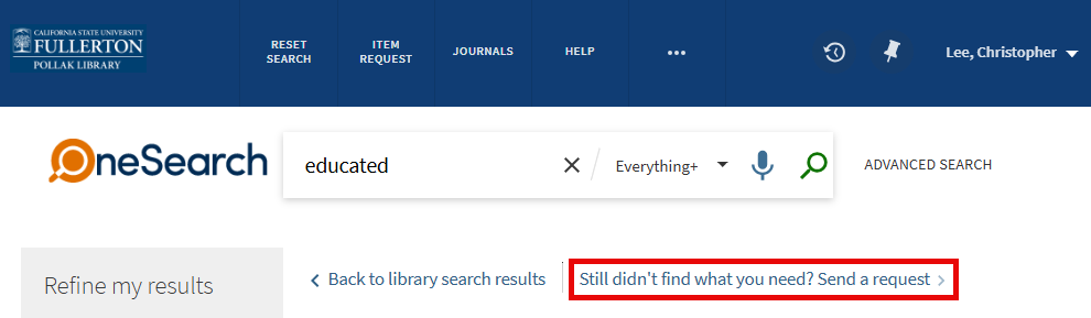 The library catalog with the "Still didn't find what you need? Send a request."