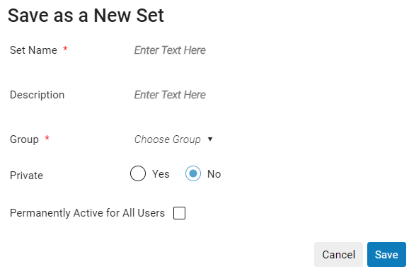 "Save as a New Set" pop-up menu. 