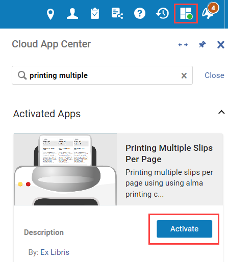 Cloud App Center showing the Printing Multiple Slips Per Page app and highlighting the Activate button.