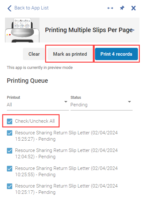 The Printing Multiple Slips Per Page app showing how to check all items, mark as printed, and then print. 