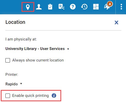 A screenshot of Alma showing the Location icon and where to click to Enable Quick Printing. 