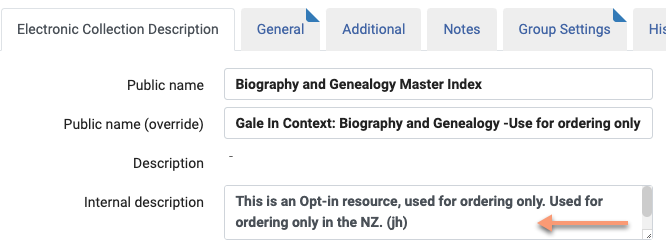 screenshot of the collection internal description field