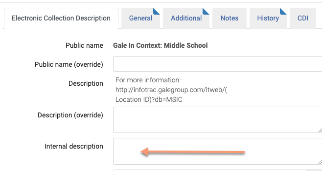 screenshot of empty collection internal description field