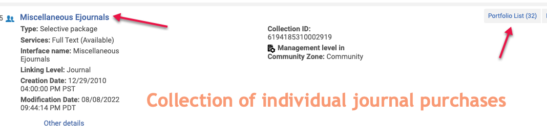 screenshot of collection of individual journal purchases