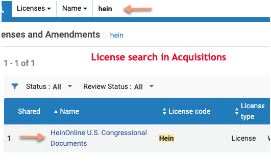 screenshot of license search in acquisition