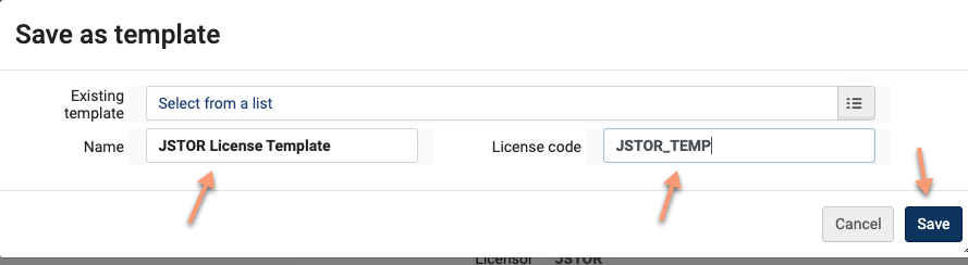 screenshot of JSTOR license template