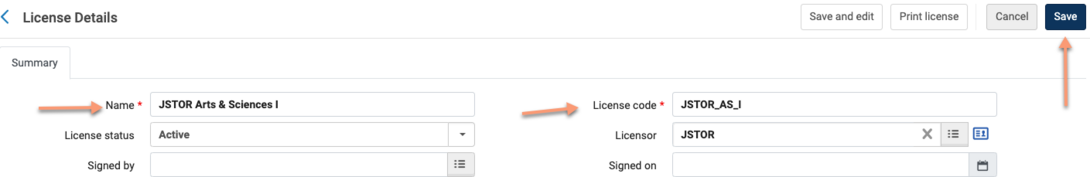 screenshot of the save button for license template