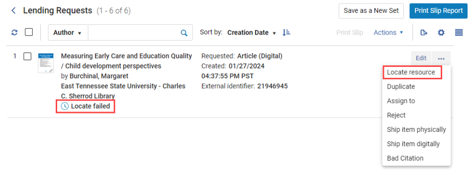 The Rapido Lending page with the Locate Failed status emphasized with a red rectangle. The image also shows the list of options that appear when clicking the ellipsis with Locate Resource emphasized with another red rectangle. 