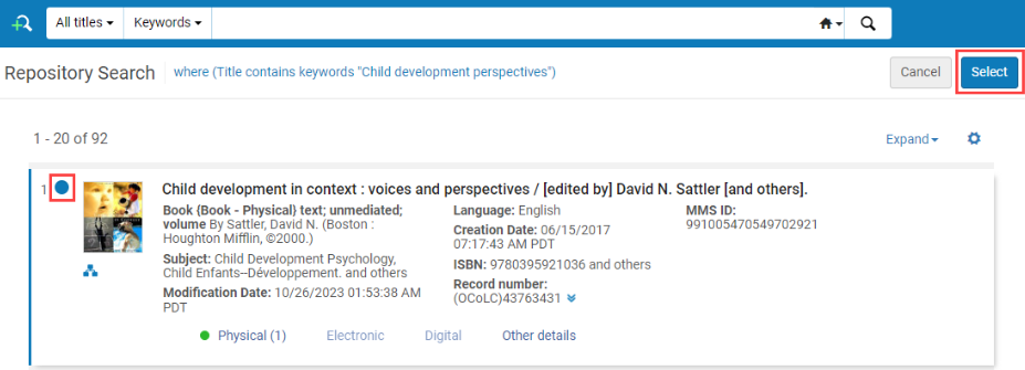 An image of the repository search showing where to click to select a record and click Select.