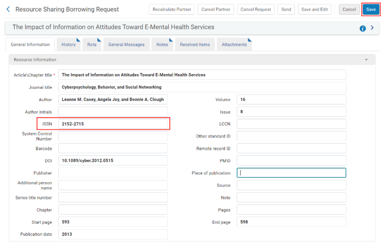 An expanded view of a Rapido request showing where to find the ISSN field. 