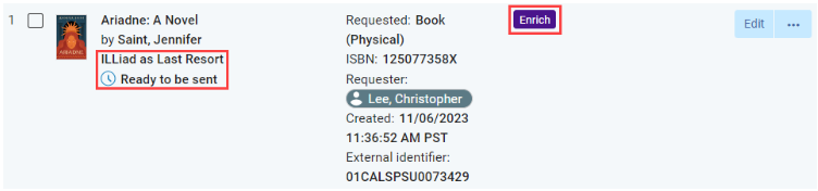 A Rapido request with the partner set to ILLiad as Last Resort and the Ready to be Sent status. The request also has the Enrich label.