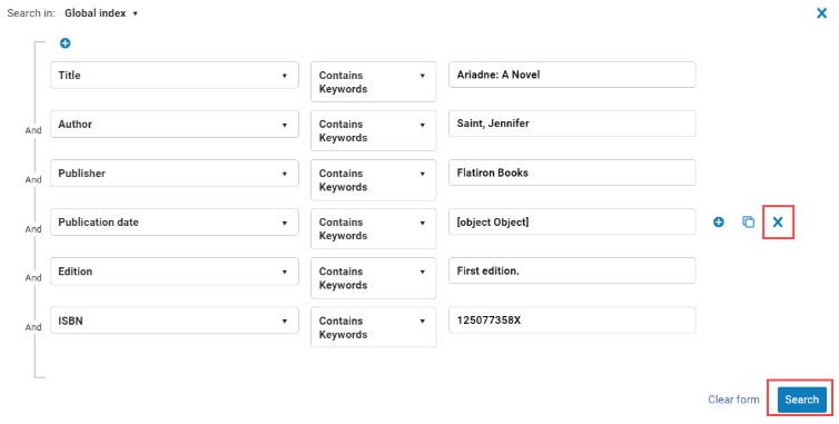 The Global Title Index view in Rapido with the X to delete fields and the Search button to refine the search highlighted. 