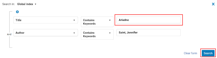 A refined Global Title Index search searching Ariadne as the title and Saint, Jennifer as the Author. The image also shows the Search button to click to initiate the search. 