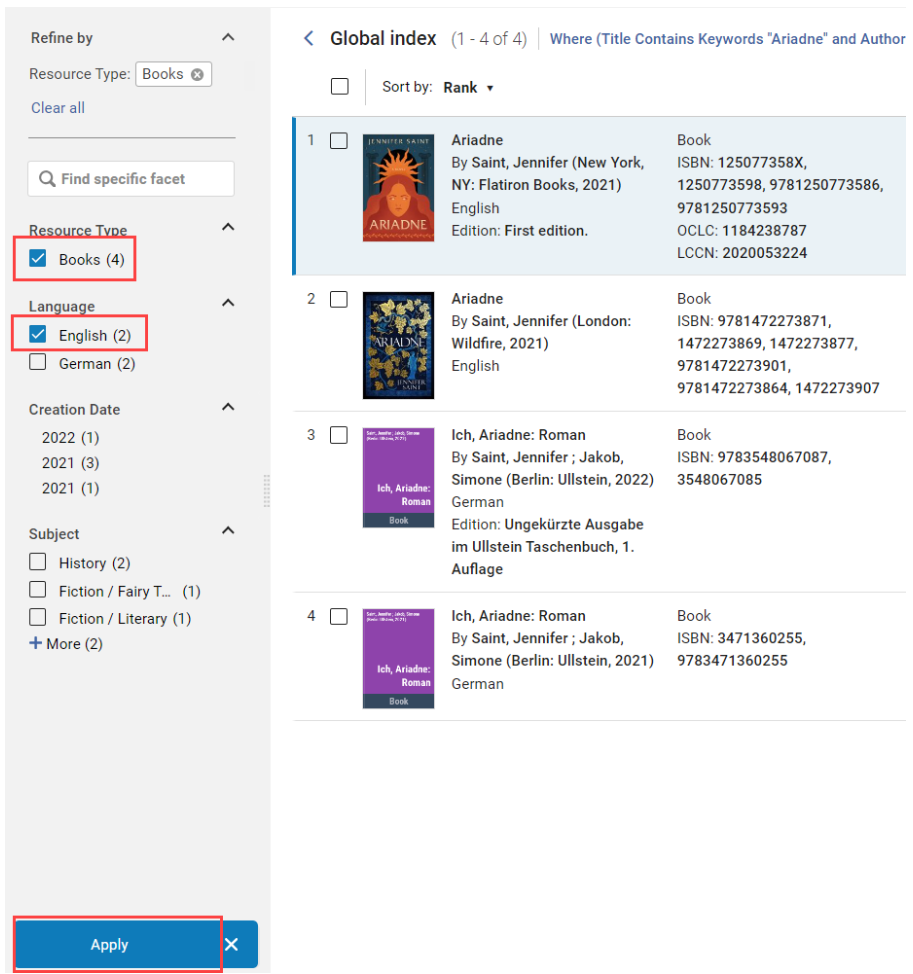 The Global Title Index results page with the Resource Type "Books" and the Language "English" selected. The Apply button is shown to direct staff to click there to apply the filters. 