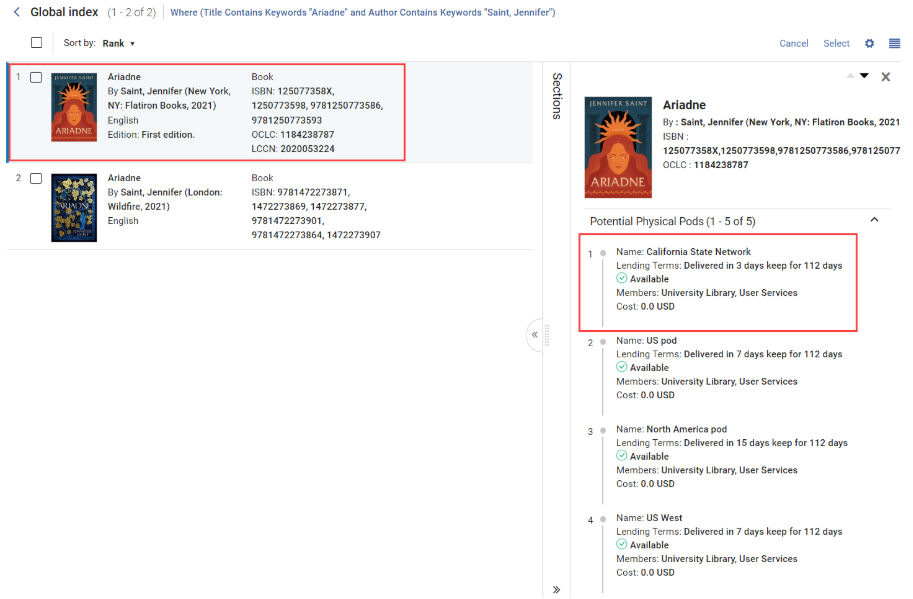 The Global Title Index results screen showing the first record for the book Ariadne selected. The image shows a list of pods where the book is available, including the California State Network. 