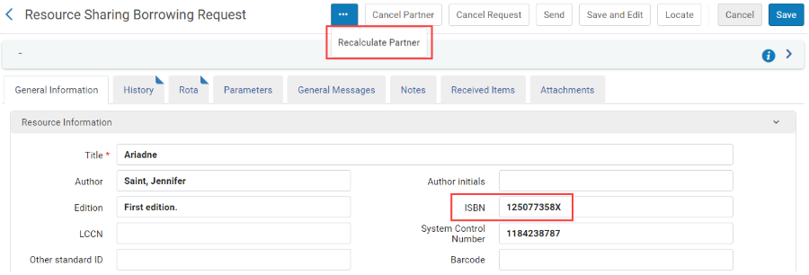 The Reasource Sharing Borrowing Request with information added by the Enrich from Global Index workflow. The ISBN field is shown to let staff know where to delete the ISBN before they click Recalculate Partner. 