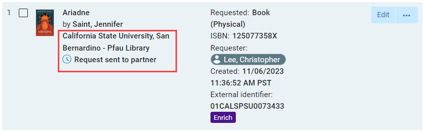 A Rapido request with the California State University, San Bernardino - Pfau Library as the partner and a status of Request Sent to Partner. 