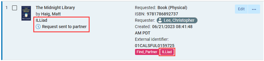 A Rapido request with ILLiad as the partner at the Request Sent to Partner status. The ILLiad label is also shown on the request.