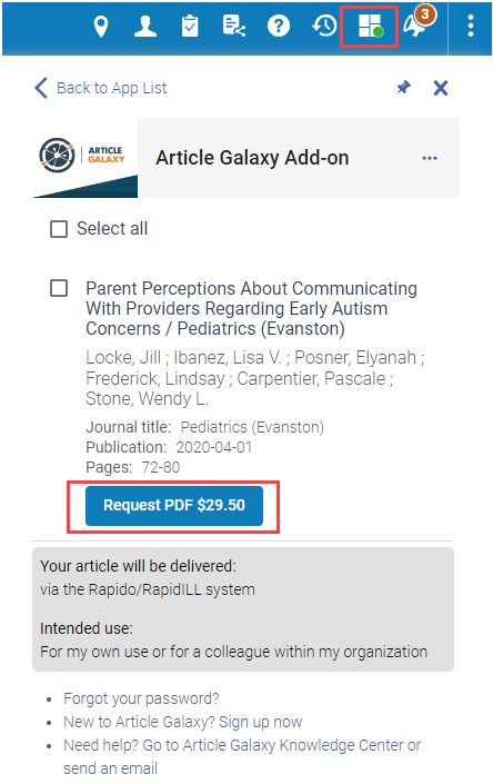 The Article Galaxy Add-on cloud app showing where to click to access the Cloud App Center and where to click to purchase a PDF.