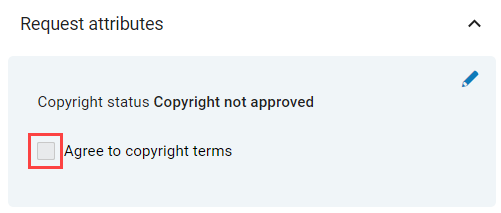 An image of the Request Attributes section of an expanded Rapido request showing where to check the box to Agree to Copyright Terms.