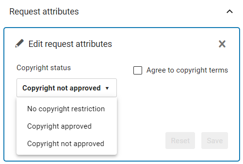 The Request Attributes section of an expanded Rapido Request showing where to change the copyright status.