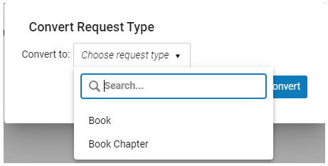 The Convert Resource Type pop up showing the Convert to dropdown box. Book and Book Chapter are shown as options.