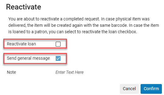 The Reactivate pop up with Reactivate Loan unchecked and Send General Message checked.