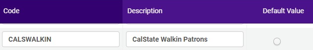 The user group Code, CALSWALKIN, and Description, CalState Walkin Patrons.