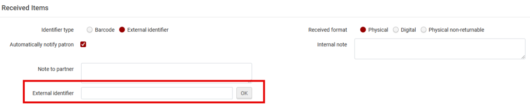 The Received Items page in Alma with the External Identifier field emphasized with a red rectangle. 