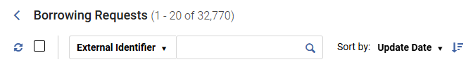 The search bar in the Borrowing Requests set. It is shown with External Identifier as the search field.