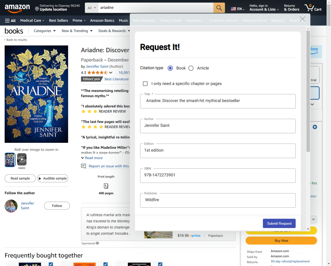 The Resource Sharing Request It! form with metadata from an Amazon search for the book Ariadne by Jennifer Saint. 