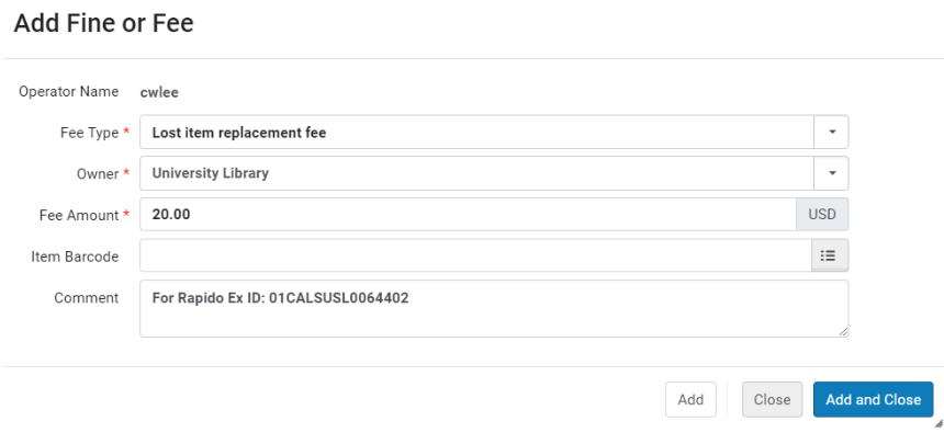 An example of the Add Fine or Fee page in Alma. The page lets you add a lost item charge to a request. 