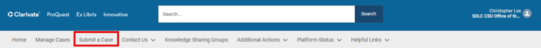 The SalesForce options ribbon this the Submit a Case option emphasized with a red rectangle. 