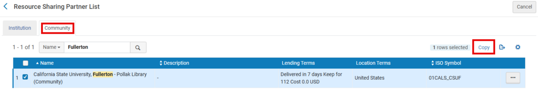 A search for Fullerton as the partner in the Community tab of the Partners module. The Community tab and Copy are both highlighted to show where to click. 