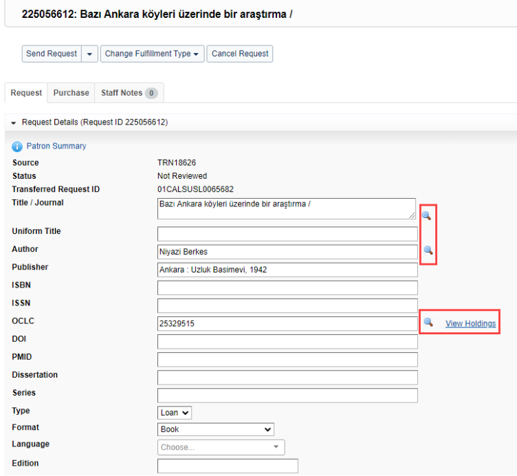 A request not held by a library in the Custom Holdings Group, so no automated Lending String appears. Click the magnifying glass to search for the item in WorldCat, or click View Holdings to see who has the item attached to the specific OCLC number used by this record. 