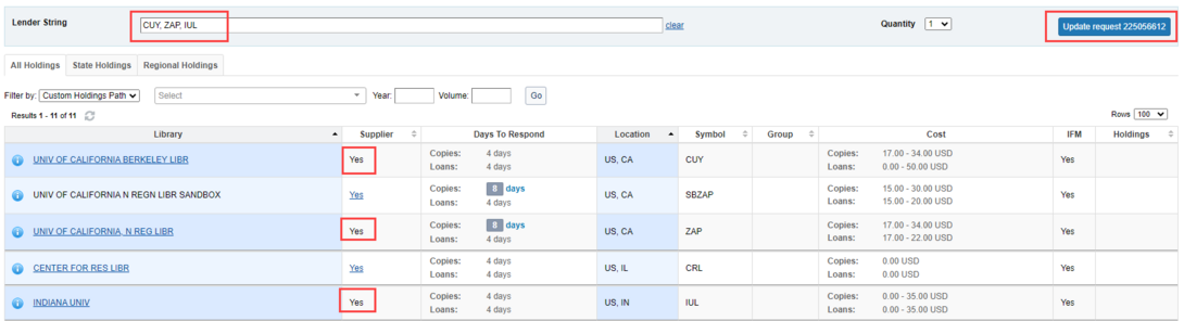 A list of potential libraries to Borrow from, a manually built Lending String, and the Yes indicators showing these are held by supplying libraries. 