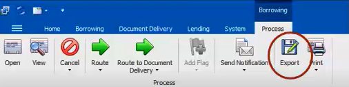 The ILLiad menu for Borrowing showing where to click to Export the contents of the queue. 