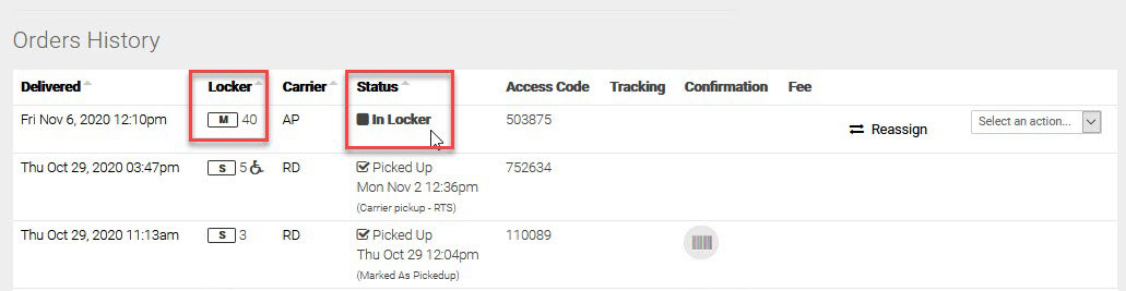 The Orders History with the locker number and status emphasized.