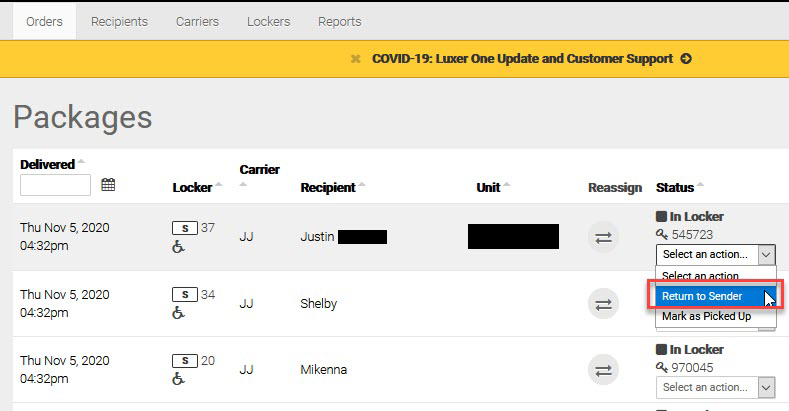 The Orders Tab in the Building Manager with Return Requested selected.