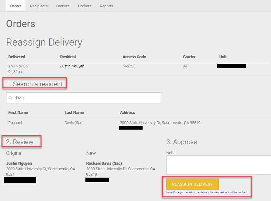 An example of staff searching for the recipient you want to reassign the locker to. Select the patron and confirm details. Click ‘Reassign Delivery’ to complete the task.