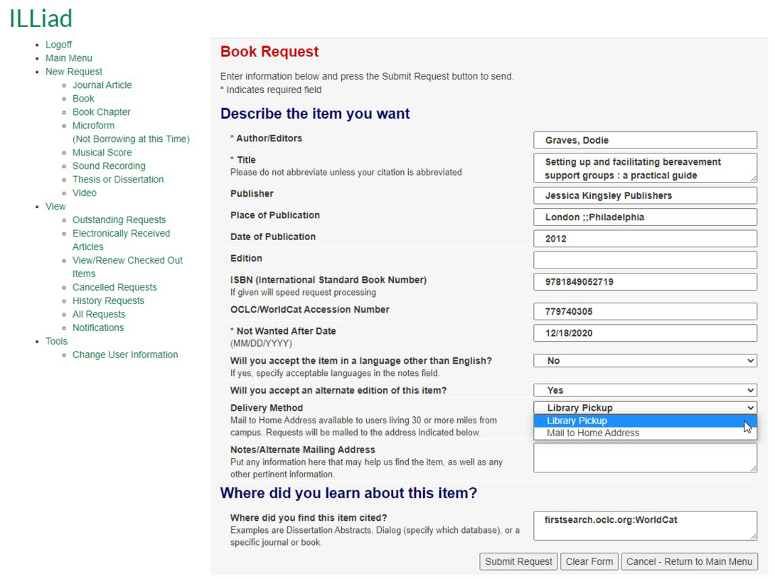 An example of delivery method in ILLiad.