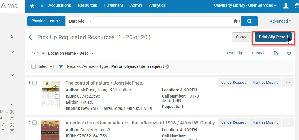 A screenshot showing the Print Slip Report button.