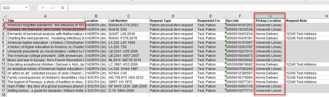 An example of the Print Slip Report Excel file with one title highlighted and the Pickup Location column highlighted.