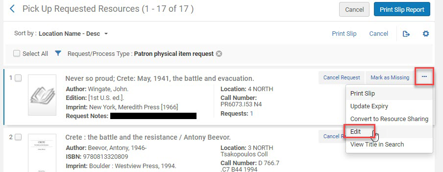 The Pick from Shelf page showing where to click to Edit a request.
