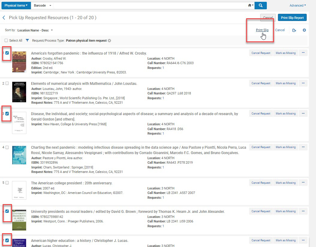 The Pick from Shelf page with some records selected and the Print Slip link being clicked to generate the report.