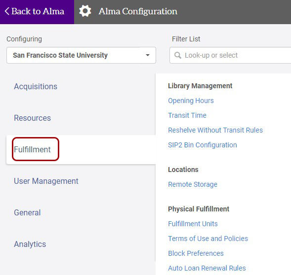 An image showing the Fulfillment menu selected in the Configuration Menu.